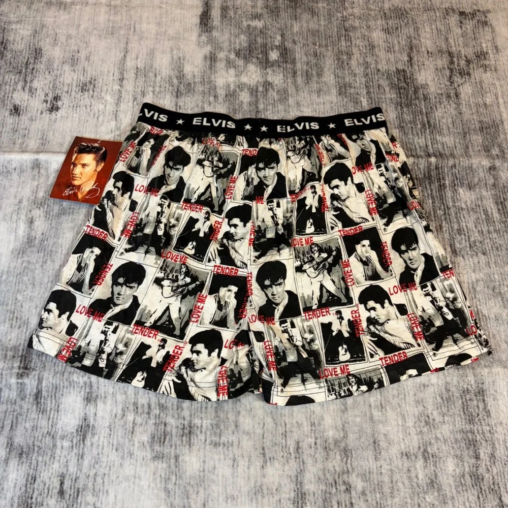Elvis Presley Intimo Mens Cotton Photo Print Boxer Shorts Black White Red Medium
